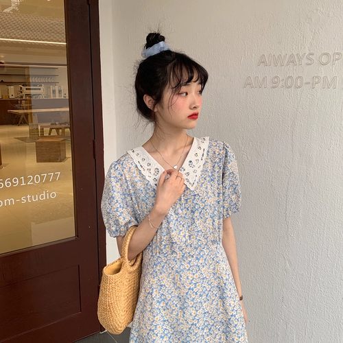 Милая кукла, синий наряд маленькой принцессы, платье, французский стиль, кукольный воротник, цветочный принт