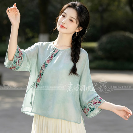 新中式重工刺绣人丝桑蚕丝七分袖上衣女圆领盘扣斜襟宽松国风茶服