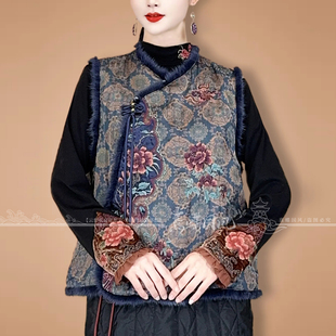 千椿物喜冬季夹棉马甲新中式国风刺绣气质水貂毛领棉马夹上衣女