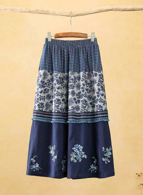 民族风春款100苎麻拼接刺绣半身裙蓝色松紧腰A字宽松长裙国风女装