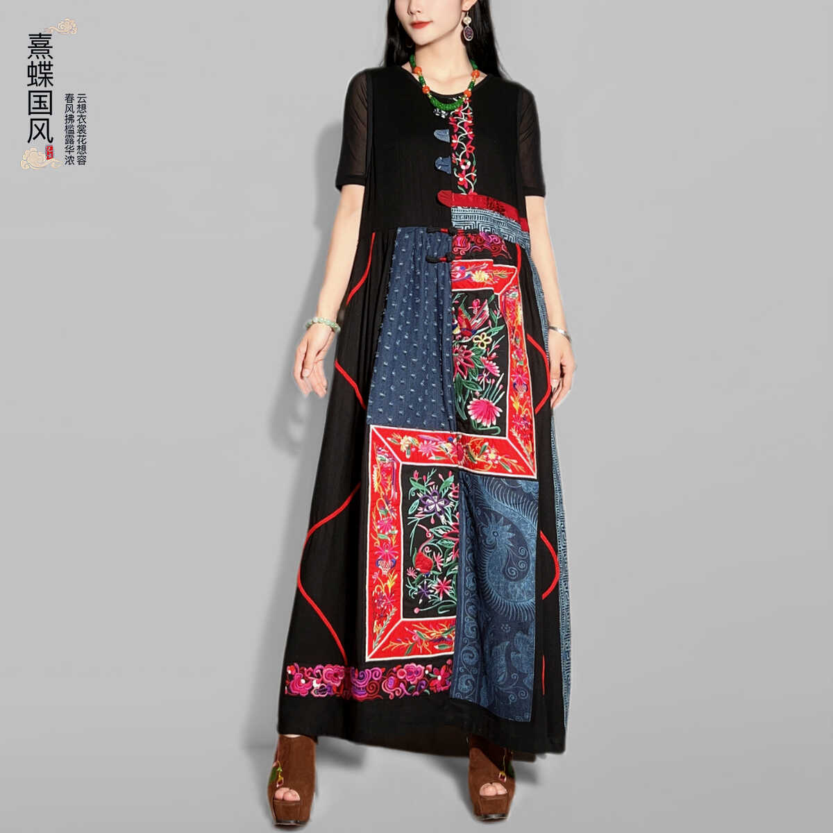 棉麻图腾花原创设计背心裙