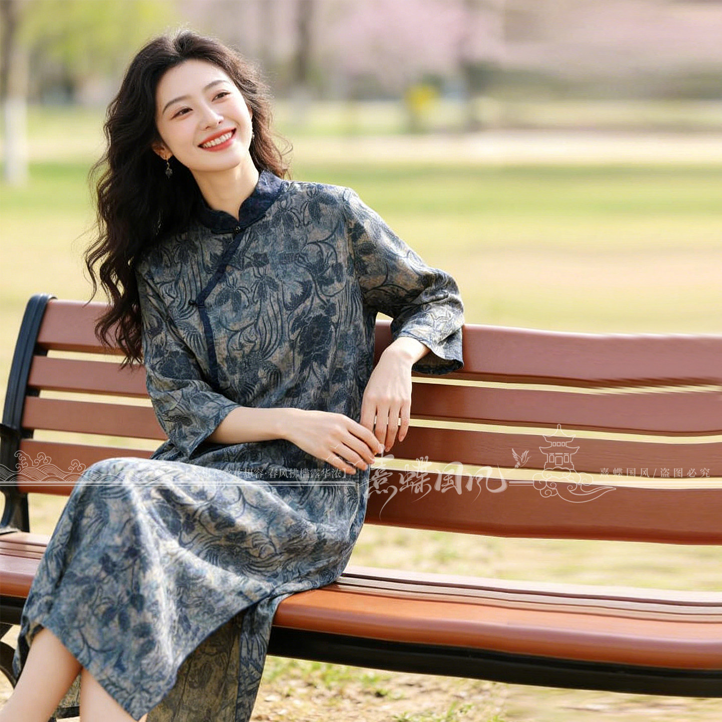 新中式100%苎麻蓝花连衣裙立领盘扣七分袖宽松A 型显瘦春款长裙