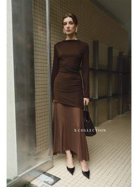 xcollection25夏新品天丝美丽诺防缩羊毛不规则针织上衣网纱半裙