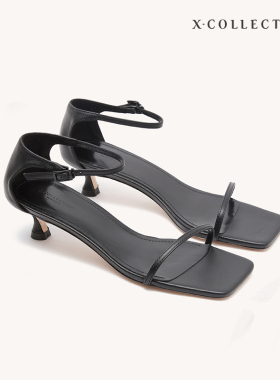 Xcollection23新品高端线方头猫跟the r*OW同厂牛皮一字带凉鞋女