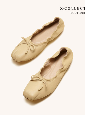 Xcollection 经典款蝴蝶结芭蕾舞鞋甜美松紧口平底鞋真皮亲子