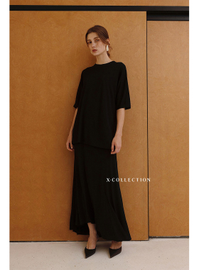 xcollection25夏新品干爽超薄微透天丝羊毛不对称半裙6片裙气质