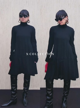 xcollection秋冬新款高领澳洲美利诺花苞蓬蓬裙连衣裙