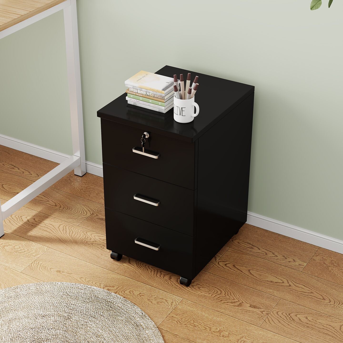 办公室桌下收纳文件柜三抽屉式书房带轮子移动侧矮斗柜带锁小柜子
