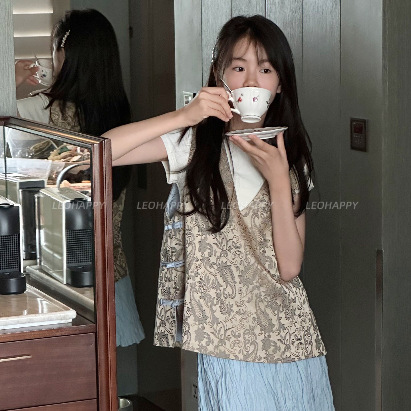 LEOHAPPY女童马甲外穿儿童新中式马甲双色提花缎国风背心亲子上衣