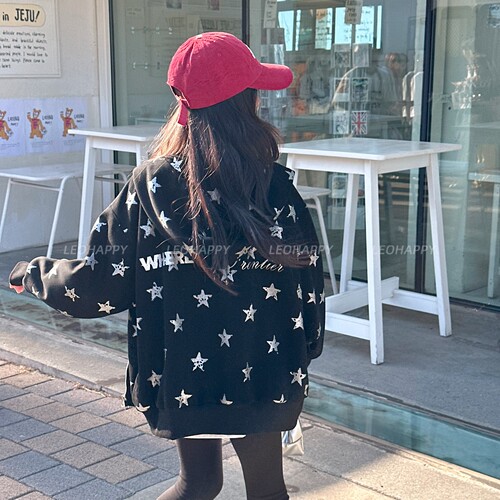 LEOHAPPY女童卫衣2026新款儿童外套秋冬加绒烫银星星开衫大童上衣