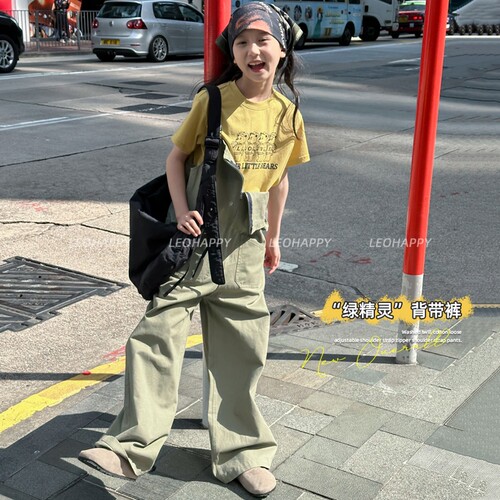 女童裤子儿童背带裤洗水斜纹棉裤