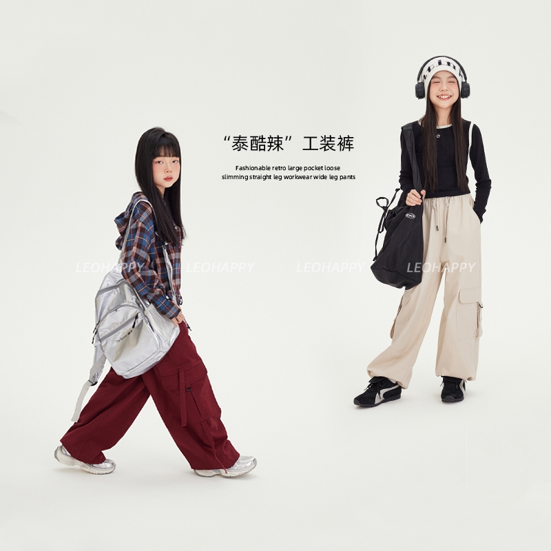 女童工装裤儿童纯棉斜纹阔腿裤