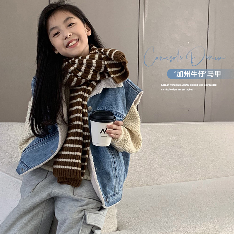leobaby女童牛仔马甲加绒韩版毛绒单排扣坎肩保暖外套