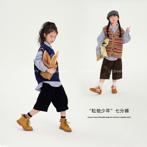女童裤子儿童灯芯绒宽松七分裤