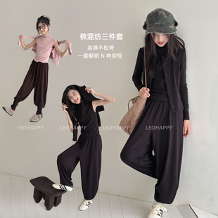LEOHAPPY女童套装秋季新款儿童针织开衫外套背心灯笼裤亲子三件套