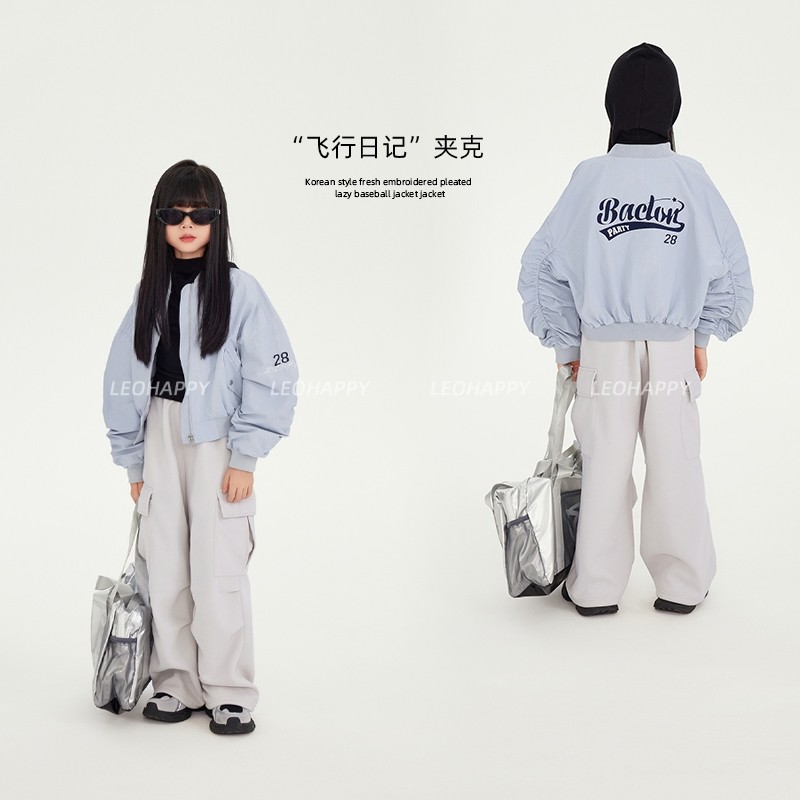 LEOHAPPY女童外套春秋款儿童绣花抽褶感防风棒球服中大童夹克上衣