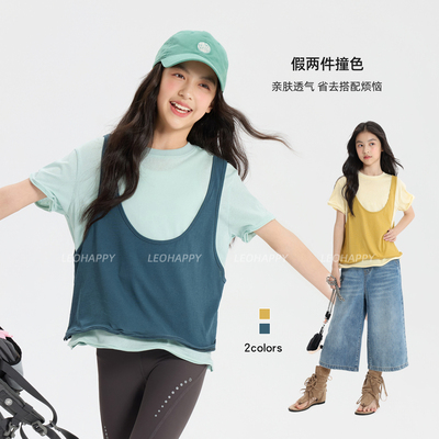 女童短袖t恤儿童假两件造型T恤