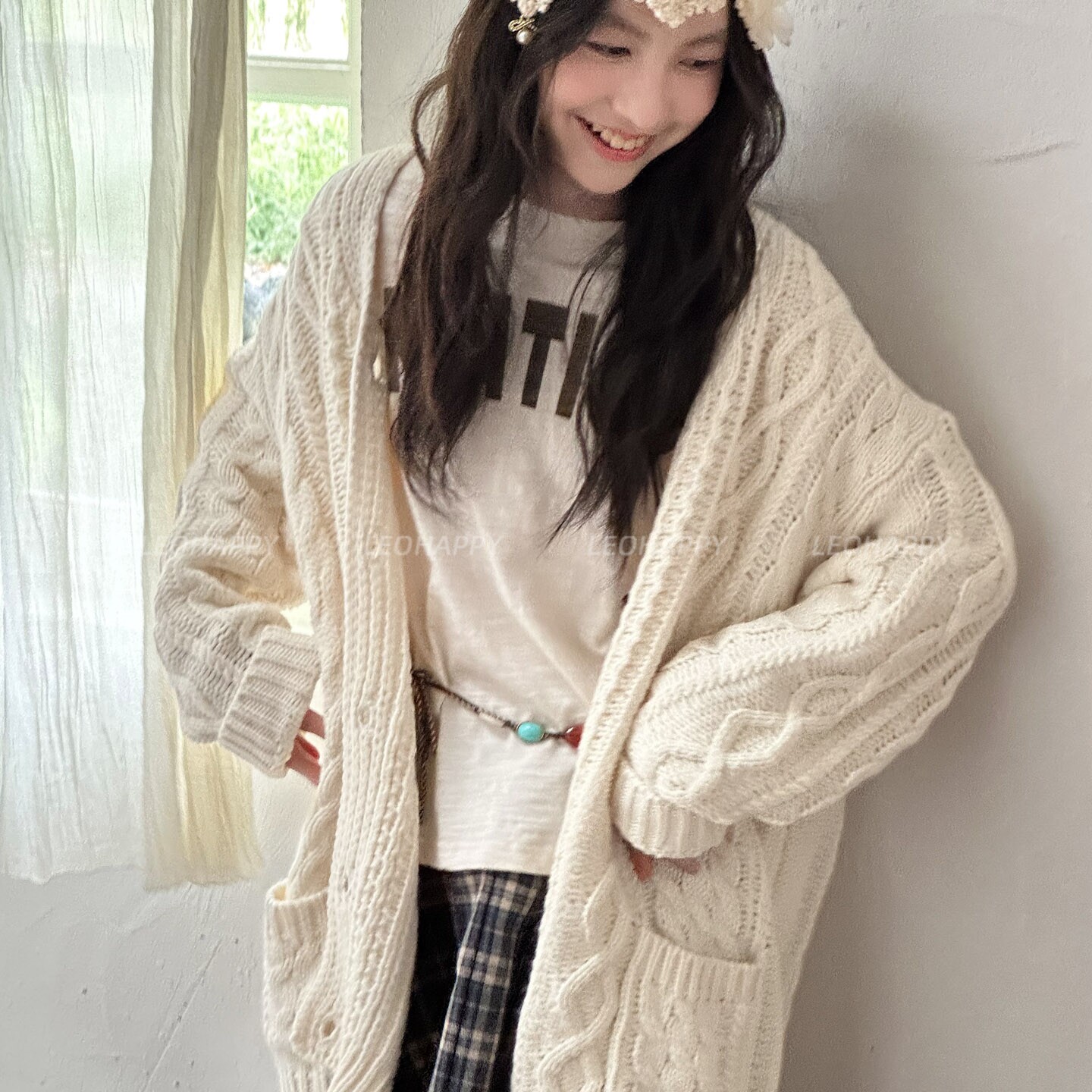 LEOHAPPY女童开衫中长款儿童毛衣外套复古麻花针织衫亲子百搭上衣图片