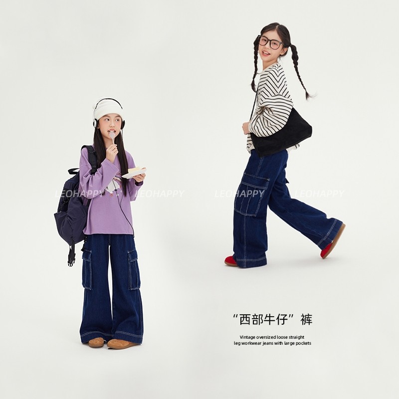 leobaby女童牛仔裤春秋款儿童裤子工装裤复古休闲裤中大童直筒裤