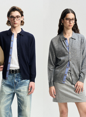 LEONSENSE力上司 绵羊毛针织开衫拼接纽扣翻领微宽松经典老钱男女