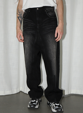 LEONSENSE力上司 黑色牛仔飞鼠裤设计感复古水洗宽松阔腿牛仔裤