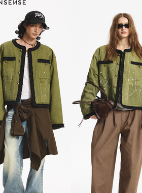 LEONSENSE力上司 水洗棉小香无领棉服夹克外套工装感泼墨宽松上衣