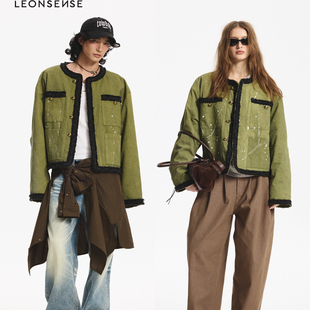 LEONSENSE力上司 感泼墨宽松上衣 水洗棉小香无领棉服夹克外套工装