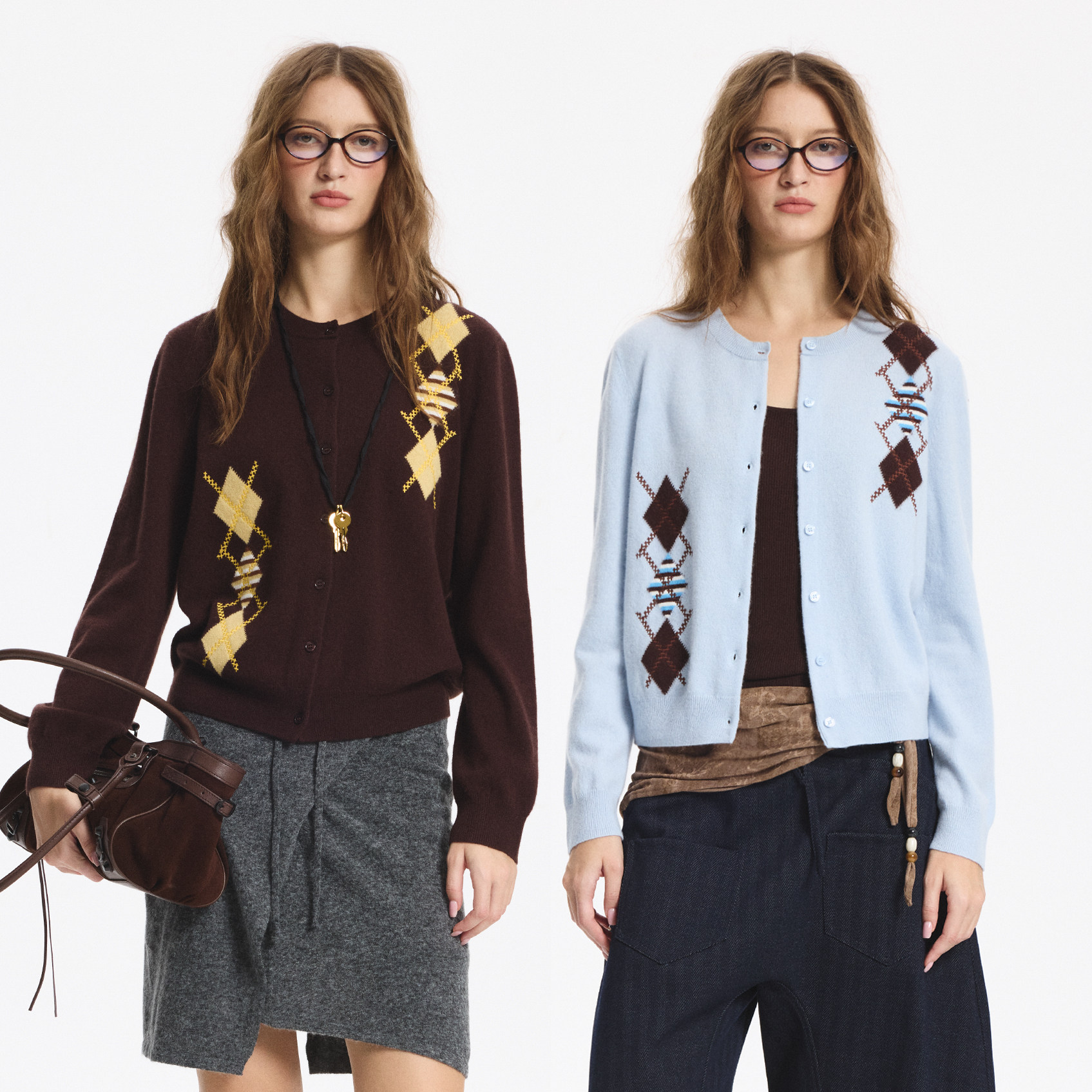 学院风菱格纹100羊毛针织开衫