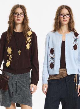 LEONSENSE力上司 圆领撞色菱格100羊毛休闲高品质针织长袖开衫