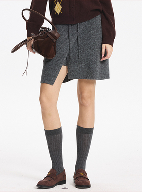 LEONSENSE力上司 针织羊毛半身裙裤斜门襟设计松紧腰简约高品质女