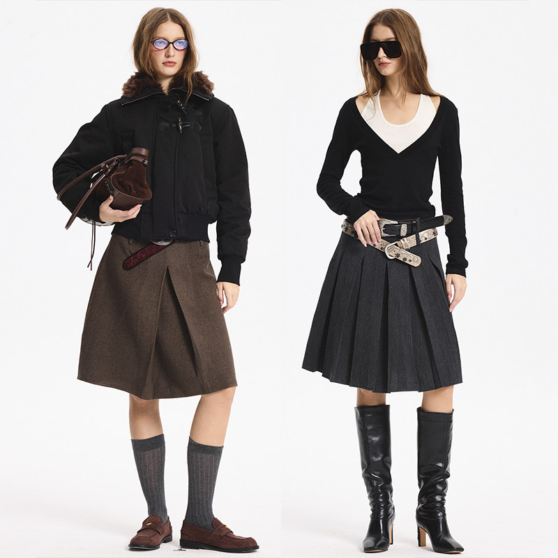 毛呢百褶裙正反两穿半裙