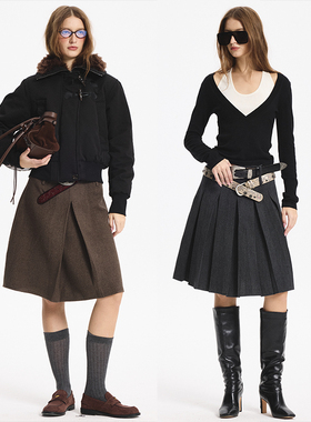 LEONSENSE力上司 毛呢百褶裙正反两穿 简约老钱风A字半裙厚款冬装