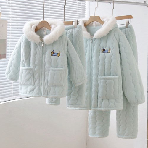 加厚夹棉毛绒绒带帽睡衣套装