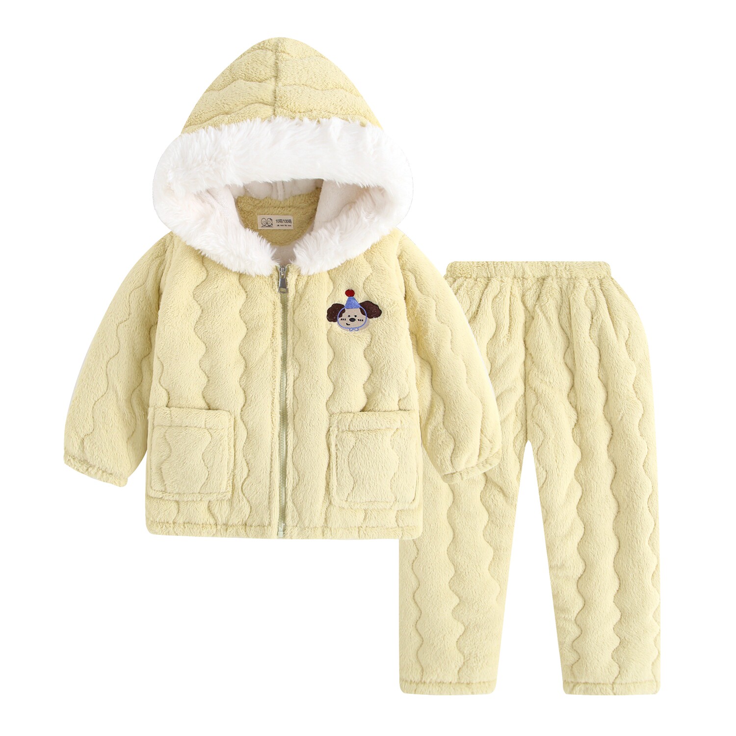 冬季毛绒绒带帽拉链女童加厚夹棉家居服套装小孩女孩宝宝外出休闲