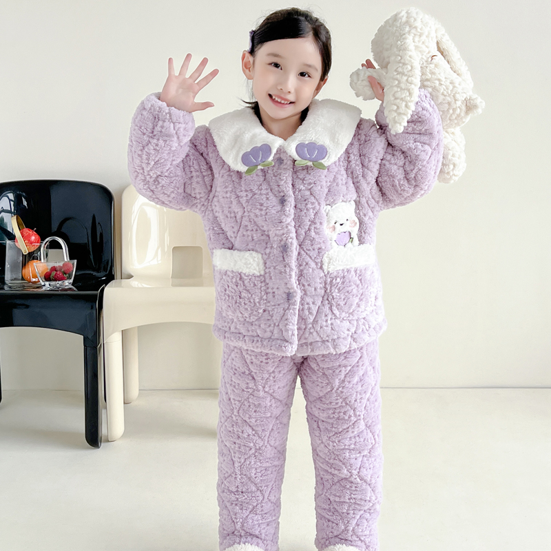 冬季女孩睡衣法兰绒加厚儿童保暖家居服小孩子三层夹棉珊瑚绒套装