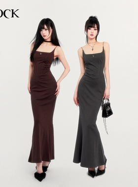 VOCK 人间尤物 高级感经典气质方领吊带收腰包臀长款鱼尾裙连衣裙
