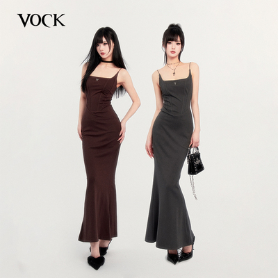VOCK 人间尤物 高级感经典气质方领吊带收腰包臀长款鱼尾裙连衣裙
