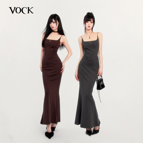 VOCK 人间尤物 高级感经典气质方领吊带收腰包臀长款鱼尾裙连衣裙