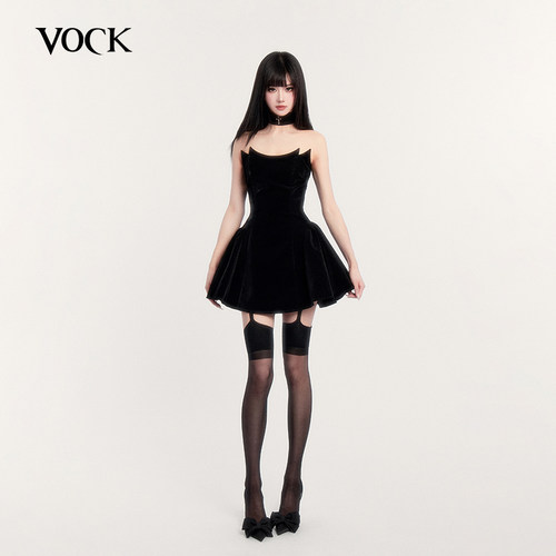 VOCK 恶魔之吻 高级感气质抹胸情人节年会丝绒修身显瘦蓬蓬连衣裙