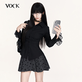 VOCK 衬衫 掐腰心机 暗黑色学院少女条纹拼接蕾丝正肩收腰褶皱长袖