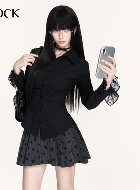 VOCK 掐腰心机 暗黑色学院少女条纹拼接蕾丝正肩收腰褶皱长袖衬衫