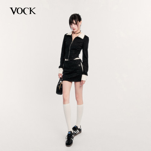 VOCK 银河碎钻 黑色闪粉运动卫衣女修身短款A字裙辣妹半身裙套装