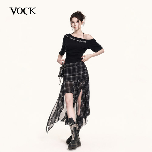 VOCK 自成焦点 设计感中低腰缩褶格子a字裙不规则飘逸中长款半裙