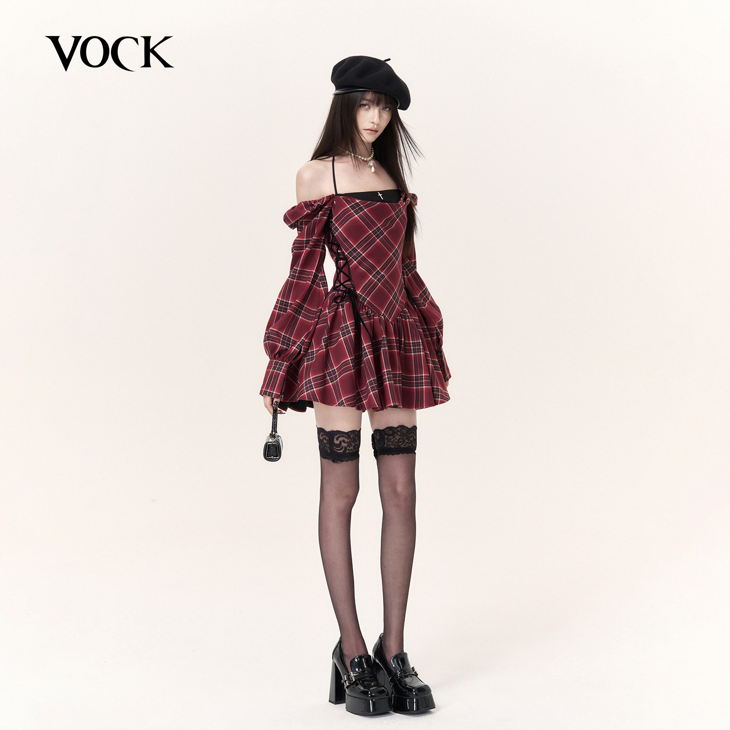 VOCK 魔女弦音 万圣格纹方领绑带连衣裙演唱会长袖收腰显瘦蓬蓬裙