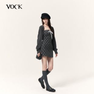 VOCK 反叛甜心 秋冬复古学院黑灰格抹胸连衣裙子针织坎肩两件套装