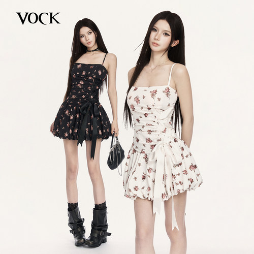 VOCK 仲夏情书 法式浪漫少女度假碎花苞裙修身显瘦蝴蝶结蓬蓬短裙