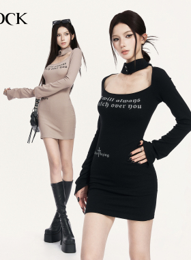 VOCK 辣妹主场 早春小性感挂脖方领印花修身显瘦包臀针织连衣裙子