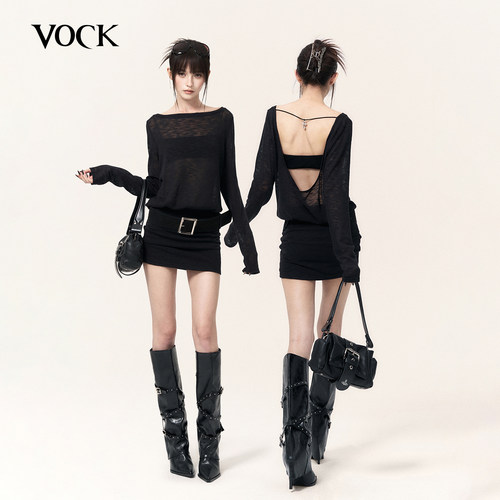 VOCK 致命回眸 辣妹长袖两穿连衣裙性感露背显瘦包臀裙黑色短裙子