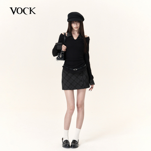 VOCK 古早女高 复古学院假两件长袖针织上衣显瘦格纹短裙两件套装