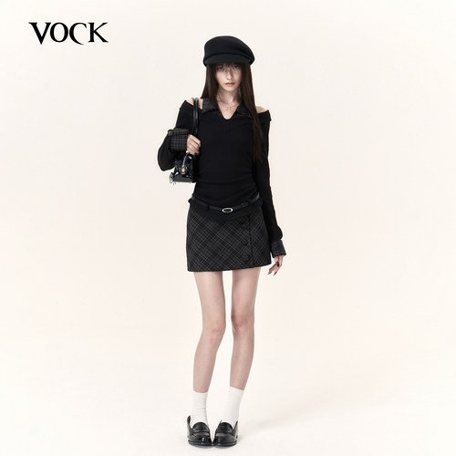 VOCK 古早女高 复古学院假两件长袖针织上衣显瘦格纹短裙两件套装
